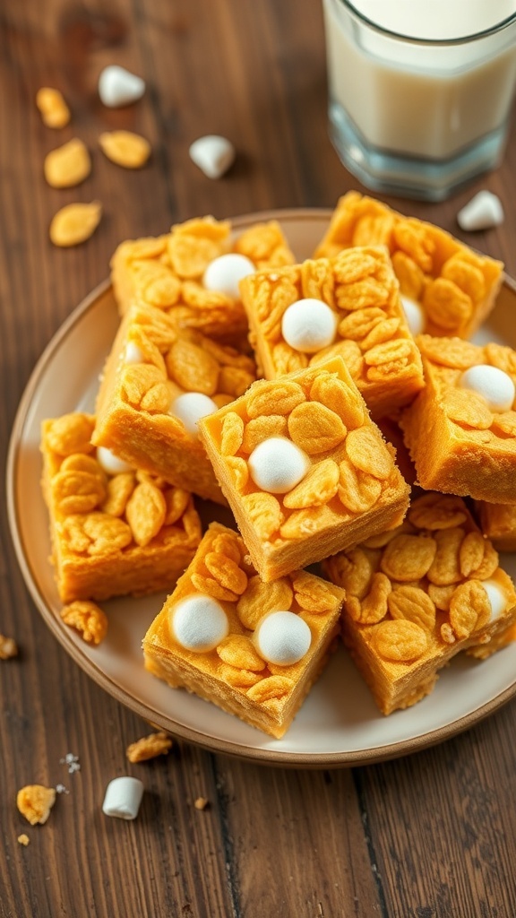 A plate of crunchy corn flakes treats cut into squares, served with a glass of milk on a wooden table.